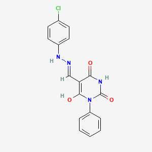 molecular formula C17H13ClN4O3 B1191080 5-{[2-(4-chlorophenyl)hydrazino]methylene}-1-phenyl-2,4,6(1H,3H,5H)-pyrimidinetrione 