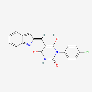 molecular formula C19H12ClN3O3 B1191220 1-(4-chlorophenyl)-5-(1H-indol-2-ylmethylene)-2,4,6(1H,3H,5H)-pyrimidinetrione 