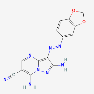 molecular formula C14H10N8O2 B1191389 2,7-Diamino-3-(1,3-benzodioxol-5-yldiazenyl)pyrazolo[1,5-a]pyrimidine-6-carbonitrile 