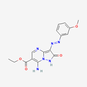 molecular formula C16H16N6O4 B1191399 Ethyl 7-amino-3-[(3-methoxyphenyl)diazenyl]-2-oxo-1,2-dihydropyrazolo[1,5-a]pyrimidine-6-carboxylate 