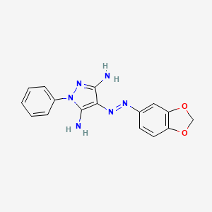 molecular formula C16H14N6O2 B1191440 4-(1,3-苯并二氧杂环-5-基肼亚基)-5-亚氨基-1-苯基-3-吡唑胺 