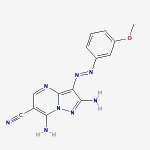 molecular formula C14H12N8O B1191441 2,7-Diamino-3-[(3-methoxyphenyl)diazenyl]pyrazolo[1,5-a]pyrimidine-6-carbonitrile 