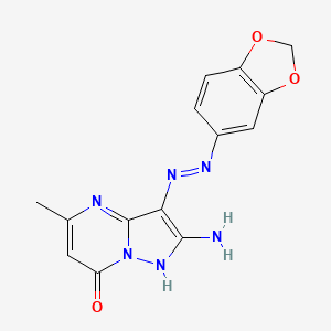 molecular formula C14H12N6O3 B1191475 2-amino-3-(1,3-benzodioxol-5-yldiazenyl)-5-methylpyrazolo[1,5-a]pyrimidin-7(4H)-one 
