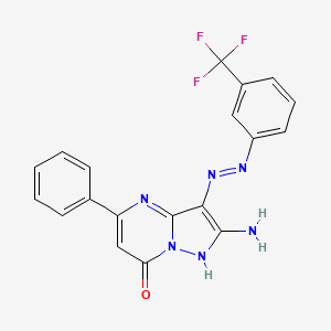 molecular formula C19H13F3N6O B1191477 2-amino-5-phenyl-3-{[3-(trifluoromethyl)phenyl]diazenyl}pyrazolo[1,5-a]pyrimidin-7(4H)-one 