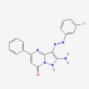 molecular formula C18H13ClN6O B1191484 2-amino-3-[(3-chlorophenyl)diazenyl]-5-phenylpyrazolo[1,5-a]pyrimidin-7(4H)-one 