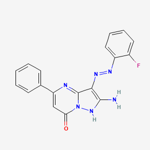 molecular formula C18H13FN6O B1191485 2-amino-3-[(2-fluorophenyl)diazenyl]-5-phenylpyrazolo[1,5-a]pyrimidin-7(4H)-one 