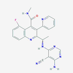 molecular formula C23H19FN8O B1192092 2-[(1S)-1-[(6-amino-5-cyanopyrimidin-4-yl)amino]ethyl]-5-fluoro-N-methyl-3-pyridin-2-ylquinoline-4-carboxamide 