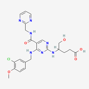 molecular formula C23H26ClN7O5 B1192253 4-((4-((3-氯-4-甲氧基苄基)氨基)-5-((嘧啶-2-基甲基)氨基甲酰基)嘧啶-2-基)氨基)-5-羟基戊酸 