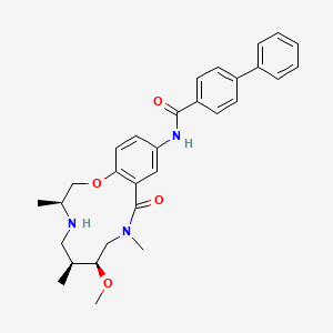 molecular formula C30H35N3O4 B1192338 N-[(4S,7S,8S)-8-methoxy-4,7,10-trimethyl-11-oxo-2-oxa-5,10-diazabicyclo[10.4.0]hexadeca-1(12),13,15-trien-14-yl]-4-phenylbenzamide 