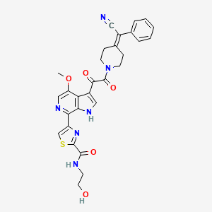 molecular formula C29H26N6O5S B1192341 4-[3-[2-[4-[cyano(phenyl)methylidene]piperidin-1-yl]-2-oxoacetyl]-4-methoxy-1H-pyrrolo[2,3-c]pyridin-7-yl]-N-(2-hydroxyethyl)-1,3-thiazole-2-carboxamide 