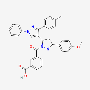 molecular formula C34H28N4O4 B1192356 3-[5-(4-Methoxyphenyl)-3-[3-(4-methylphenyl)-1-phenylpyrazol-4-yl]-3,4-dihydropyrazole-2-carbonyl]benzoic acid 