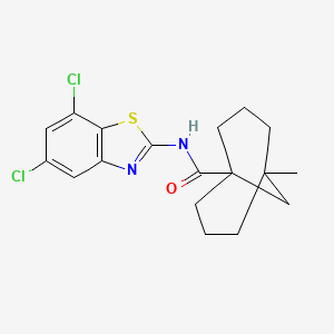 molecular formula C19H21F3N2O2S B1192433 N-(5,7-dichloro-1,3-benzothiazol-2-yl)-5-methylbicyclo[3.3.1]nonane-1-carboxamide 