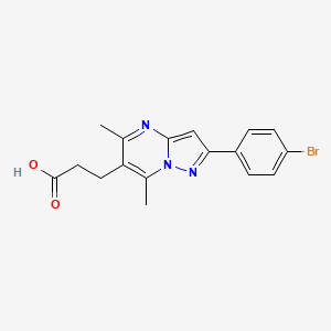 molecular formula C17H16BrN3O2 B1192434 3-[2-(4-Bromophenyl)-5,7-dimethyl-pyrazolo[1,5-a]pyrimidin-6-yl]propanoic acid 