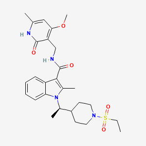 molecular formula C27H36N4O5S B1192499 1-[(1R)-1-(1-ethylsulfonyl-4-piperidinyl)ethyl]-N-[(4-methoxy-6-methyl-2-oxo-1H-pyridin-3-yl)methyl]-2-methyl-3-indolecarboxamide CAS No. 1802175-07-0