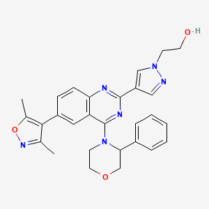 molecular formula C28H28N6O3 B1192538 2-[4-[6-(3,5-Dimethyl-1,2-oxazol-4-yl)-4-(3-phenylmorpholin-4-yl)quinazolin-2-yl]pyrazol-1-yl]ethanol 