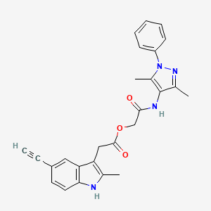 molecular formula C26H24N4O3 B1192576 2-((3,5-二甲基-1-苯基-1H-吡唑-4-基)氨基)-2-氧代乙基 2-(5-乙炔基-2-甲基-1H-吲哚-3-基)乙酸酯 