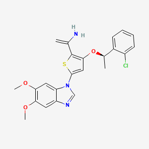 molecular formula C23H22ClN3O3S B1192828 1-{3-[(1R)-1-(2-氯苯基)乙氧基]-5-(5,6-二甲氧基-1H-1,3-苯并二唑-1-基)噻吩-2-基}乙烯-1-胺 