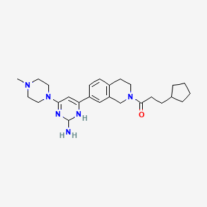 molecular formula C26H38N6O B1192889 1-{7-[2-Amino-6-(4-methylpiperazin-1-yl)-1,2-dihydropyrimidin-4-yl]-1,2,3,4-tetrahydroisoquinolin-2-yl}-3-cyclopentylpropan-1-one 