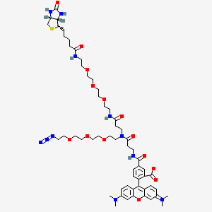 molecular formula C57H79N11O14S B11931224 5-[[3-[[3-[2-[2-[2-[2-[5-[(3aS,4S,6aR)-2-oxo-1,3,3a,4,6,6a-hexahydrothieno[3,4-d]imidazol-4-yl]pentanoylamino]ethoxy]ethoxy]ethoxy]ethylamino]-3-oxopropyl]-[2-[2-[2-(2-azidoethoxy)ethoxy]ethoxy]ethyl]amino]-3-oxopropyl]carbamoyl]-2-[3-(dimethylamino)-6-dimethylazaniumylidenexanthen-9-yl]benzoate 