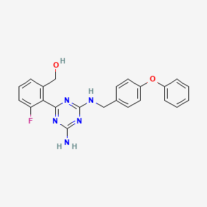 molecular formula C23H20FN5O2 B1193142 (2-(4-Amino-6-((4-phenoxybenzyl)amino)-1,3,5-triazin-2-yl)-3-fluorophenyl)methanol 