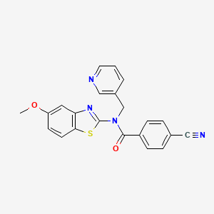 molecular formula C22H16N4O2S B1193159 4-cyano-N-(5-methoxy-1,3-benzothiazol-2-yl)-N-(pyridin-3-ylmethyl)benzamide 