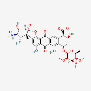 molecular formula C28H32N4O5 B1193302 dimethyl-[(1R,10S,12S,13R,21R,22S,23R,24R)-4,8,12,22,24-pentahydroxy-13-methoxycarbonyl-1,12-dimethyl-6,17-dioxo-10-[(2R,3R,4R,5S,6S)-3,4,5-trimethoxy-4,6-dimethyloxan-2-yl]oxy-20,25-dioxahexacyclo[19.3.1.02,19.05,18.07,16.09,14]pentacosa-2,4,7(16),8,14,18-hexaen-23-yl]azanium 