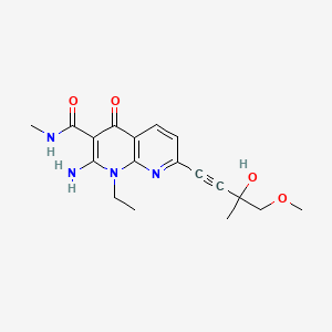molecular formula C18H22N4O4 B1193471 2-氨基-1-乙基-7-(3-羟基-4-甲氧基-3-甲基丁-1-炔-1-基)-N-甲基-4-氧代-1,4-二氢-1,8-萘啶-3-甲酰胺 CAS No. 1092539-44-0