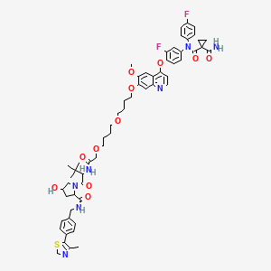 molecular formula C59H67F2N7O11 B1193513 1-N'-[3-fluoro-4-[7-[4-[4-[2-[[1-[4-hydroxy-2-[[4-(4-methyl-1,3-thiazol-5-yl)phenyl]methylcarbamoyl]pyrrolidin-1-yl]-3,3-dimethyl-1-oxobutan-2-yl]amino]-2-oxoethoxy]butoxy]butoxy]-6-methoxyquinolin-4-yl]oxyphenyl]-1-N'-(4-fluorophenyl)cyclopropane-1,1-dicarboxamide CAS No. 2254609-23-7