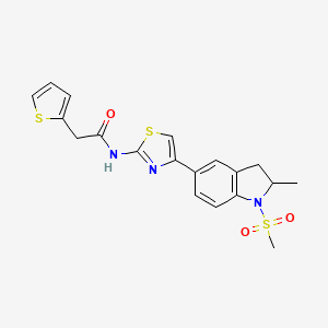molecular formula C19H19N3O3S3 B1194120 N-[4-(2-甲基-1-甲基磺酰基-2,3-二氢吲哚-5-基)-2-噻唑基]-2-噻吩-2-基乙酰胺 
