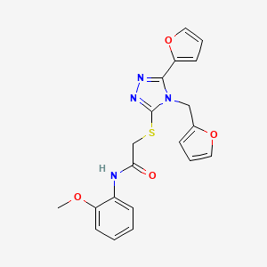 molecular formula C20H18N4O4S B1194353 2-[[5-(2-furanyl)-4-(2-furanylmethyl)-1,2,4-triazol-3-yl]thio]-N-(2-methoxyphenyl)acetamide 