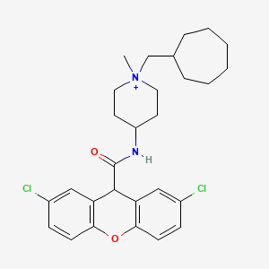 molecular formula C28H35Cl2N2O2+ B1194358 1-Cycloheptylmethyl-4-{[1-(2,7-dichloro-9H-xanthen-9-yl)-methanoyl]-amino}-1-methyl-piperidinium 