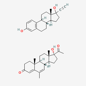 molecular formula C42H54O5 B1195147 (8R,9S,10R,13S,14S,17R)-17-acetyl-17-hydroxy-6,10,13-trimethyl-2,8,9,11,12,14,15,16-octahydro-1H-cyclopenta[a]phenanthren-3-one;(8R,9S,13S,14S)-17-ethynyl-13-methyl-7,8,9,11,12,14,15,16-octahydro-6H-cyclopenta[a]phenanthrene-3,17-diol 