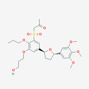 molecular formula C28H38O10S B119572 2-(3-((2-Oxopropyl)sulfonyl)-4-n-propoxy-5-(3-hydroxypropoxy)phenyl)-5-(3,4,5-trimethoxyphenyl)tetrahydrafuran CAS No. 140705-10-8