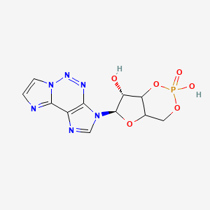 molecular formula C11H11N6O6P B1196040 (6R,7R)-6-(3,5,7,8,9,12-hexazatricyclo[7.3.0.02,6]dodeca-1(12),2(6),3,7,10-pentaen-5-yl)-2-hydroxy-2-oxo-4a,6,7,7a-tetrahydro-4H-furo[3,2-d][1,3,2]dioxaphosphinin-7-ol CAS No. 50663-90-6