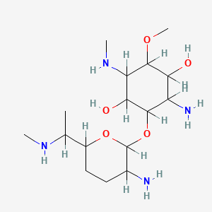molecular formula C16H34N4O5 B1196395 2-Amino-3-[3-amino-6-[1-(methylamino)ethyl]oxan-2-yl]oxy-6-methoxy-5-(methylamino)cyclohexane-1,4-diol CAS No. 71657-32-4