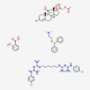 molecular formula C69H89Cl2N11O10 B1196427 2-[6-[[amino-[[amino-(4-chloroanilino)methylidene]amino]methylidene]amino]hexyl]-1-[amino-(4-chloroanilino)methylidene]guanidine;2-benzhydryloxy-N,N-dimethylethanamine;[2-[(8S,9S,10R,11S,13S,14S,17R)-11,17-dihydroxy-10,13-dimethyl-3-oxo-2,6,7,8,9,11,12,14,15,16-decahydro-1H-cyclopenta[a]phenanthren-17-yl]-2-oxoethyl] acetate;2-hydroxybenzoic acid 