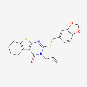 molecular formula C21H20N2O3S2 B11966130 3-Allyl-2-[(1,3-benzodioxol-5-ylmethyl)sulfanyl]-5,6,7,8-tetrahydro[1]benzothieno[2,3-D]pyrimidin-4(3H)-one 