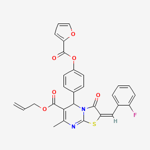 molecular formula C29H21FN2O6S B11966248 allyl (2E)-2-(2-fluorobenzylidene)-5-[4-(2-furoyloxy)phenyl]-7-methyl-3-oxo-2,3-dihydro-5H-[1,3]thiazolo[3,2-a]pyrimidine-6-carboxylate 