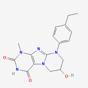 molecular formula C17H19N5O3 B11966652 9-(4-ethylphenyl)-7-hydroxy-1-methyl-6,7,8,9-tetrahydropyrimido[2,1-f]purine-2,4(1H,3H)-dione 