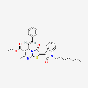 molecular formula C33H35N3O4S B11967065 ethyl (2Z)-2-(1-heptyl-2-oxo-1,2-dihydro-3H-indol-3-ylidene)-7-methyl-3-oxo-5-[(E)-2-phenylethenyl]-2,3-dihydro-5H-[1,3]thiazolo[3,2-a]pyrimidine-6-carboxylate 