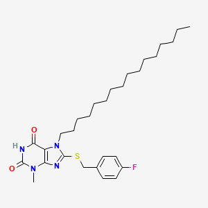 molecular formula C29H43FN4O2S B11967689 8-[(4-fluorobenzyl)sulfanyl]-7-hexadecyl-3-methyl-3,7-dihydro-1H-purine-2,6-dione 