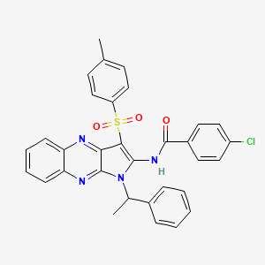 molecular formula C32H25ClN4O3S B11968211 4-Chloro-N-[3-[(4-methylphenyl)sulfonyl]-1-(1-phenylethyl)-1H-pyrrolo[2,3-B]quinoxalin-2-YL]benzamide 