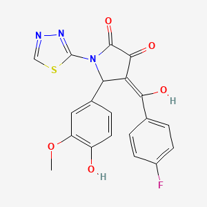 molecular formula C20H14FN3O5S B11968642 (4Z)-4-[(4-fluorophenyl)-hydroxymethylidene]-5-(4-hydroxy-3-methoxyphenyl)-1-(1,3,4-thiadiazol-2-yl)pyrrolidine-2,3-dione 