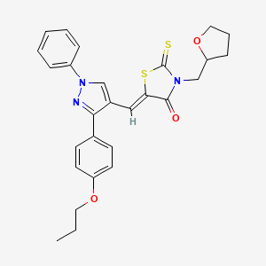 molecular formula C27H27N3O3S2 B11968736 (5Z)-5-{[1-phenyl-3-(4-propoxyphenyl)-1H-pyrazol-4-yl]methylidene}-3-(tetrahydrofuran-2-ylmethyl)-2-thioxo-1,3-thiazolidin-4-one 