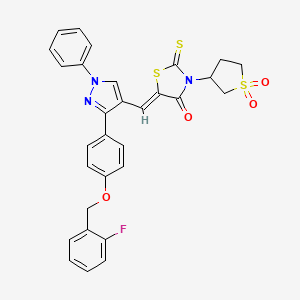 molecular formula C30H24FN3O4S3 B11968822 (5Z)-3-(1,1-dioxidotetrahydro-3-thienyl)-5-[(3-{4-[(2-fluorobenzyl)oxy]phenyl}-1-phenyl-1H-pyrazol-4-yl)methylene]-2-thioxo-1,3-thiazolidin-4-one 