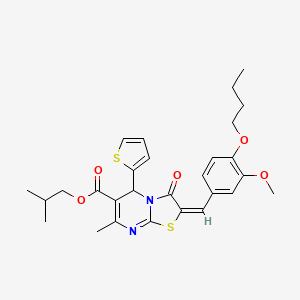 molecular formula C28H32N2O5S2 B11968885 2-methylpropyl (2E)-2-(4-butoxy-3-methoxybenzylidene)-7-methyl-3-oxo-5-(thiophen-2-yl)-2,3-dihydro-5H-[1,3]thiazolo[3,2-a]pyrimidine-6-carboxylate 