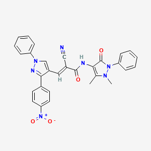 molecular formula C30H23N7O4 B11968943 (2E)-2-Cyano-N-(1,5-dimethyl-3-oxo-2-phenyl-2,3-dihydro-1H-pyrazol-4-YL)-3-[3-(4-nitrophenyl)-1-phenyl-1H-pyrazol-4-YL]-2-propenamide 