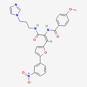 molecular formula C27H25N5O6 B11969368 N-{(E)-1-({[3-(1H-Imidazol-1-YL)propyl]amino}carbonyl)-2-[5-(3-nitrophenyl)-2-furyl]ethenyl}-4-methoxybenzamide 