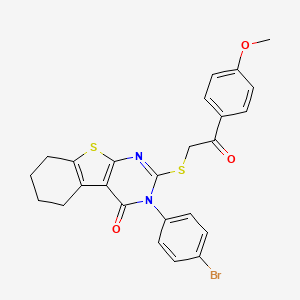 molecular formula C25H21BrN2O3S2 B11969538 3-(4-bromophenyl)-2-{[2-(4-methoxyphenyl)-2-oxoethyl]sulfanyl}-5,6,7,8-tetrahydro[1]benzothieno[2,3-d]pyrimidin-4(3H)-one 