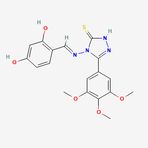 molecular formula C18H18N4O5S B11969561 4-((E)-{[3-Sulfanyl-5-(3,4,5-trimethoxyphenyl)-4H-1,2,4-triazol-4-YL]imino}methyl)-1,3-benzenediol 